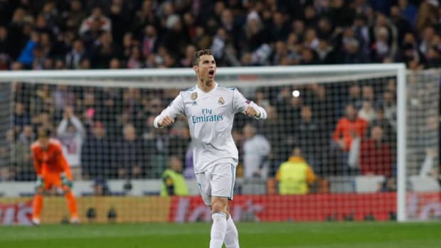 Cristiano Ronaldo pictured in 2018 after scoring for Real Madrid against PSG in the UEFA Champions League